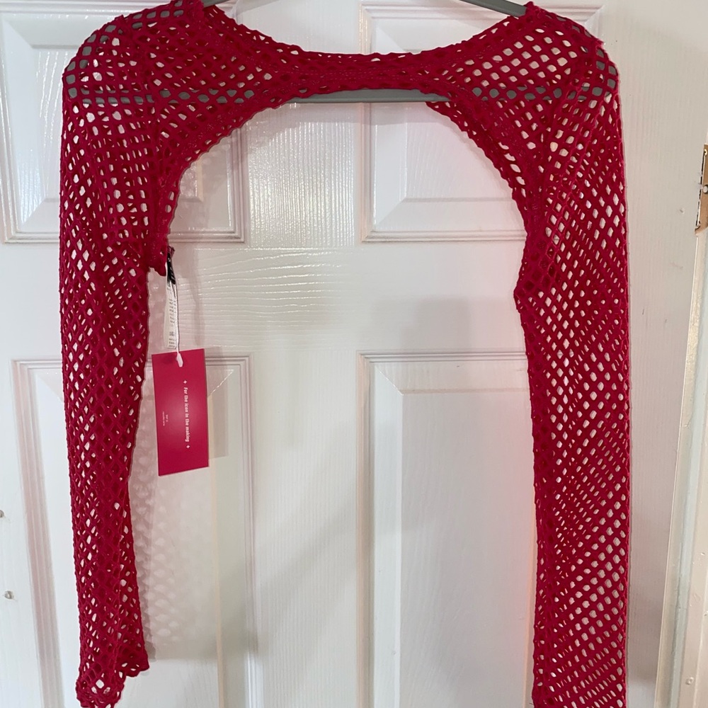 SHEIN Hot Pink Fishnet Long Sleeve Cropped Top